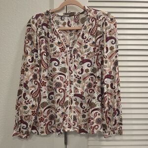 LOFT Paisley Print Ruffle Neck Button Front Blouse